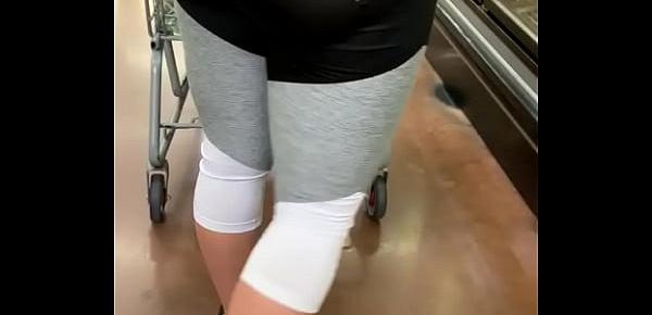  Big booty slut in see through leggings at store showing thong